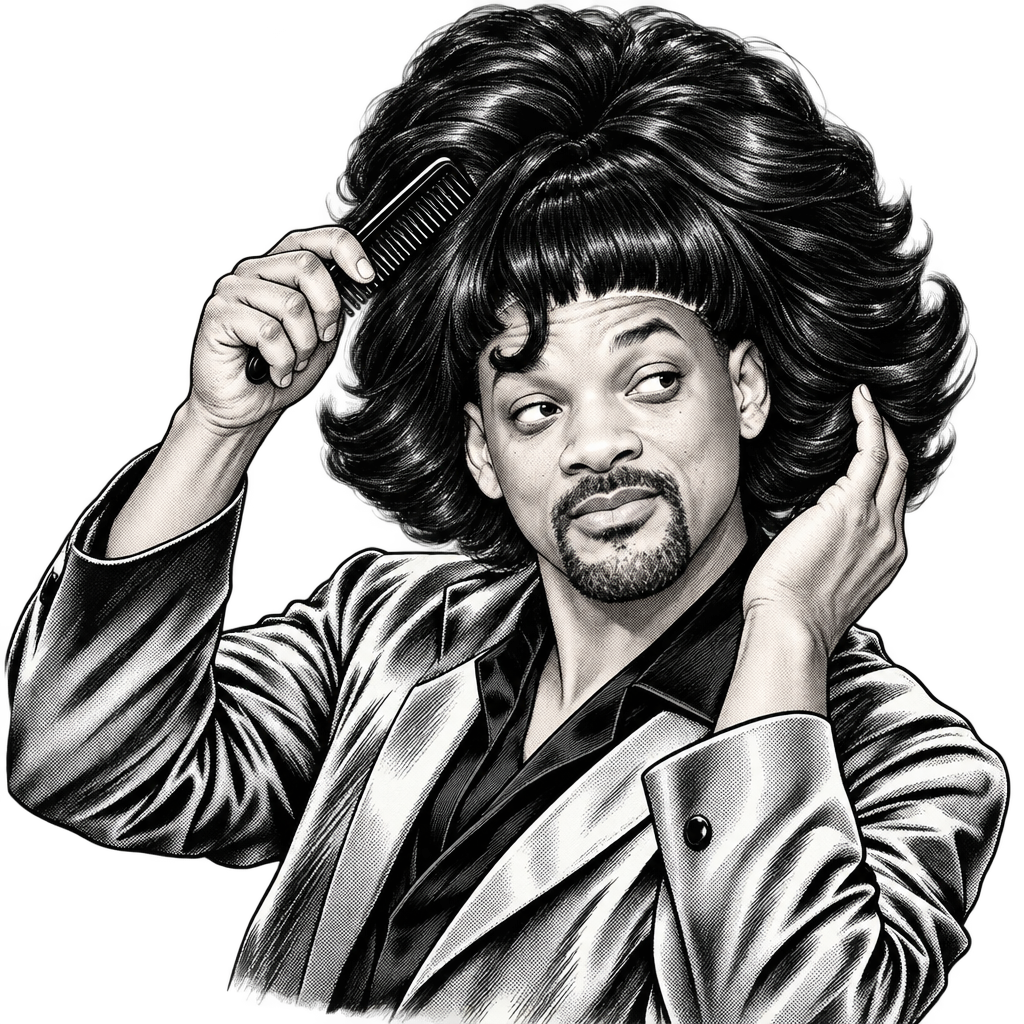 Spot illustration of Wig Smith combing a large wig, inspecting it in his hand