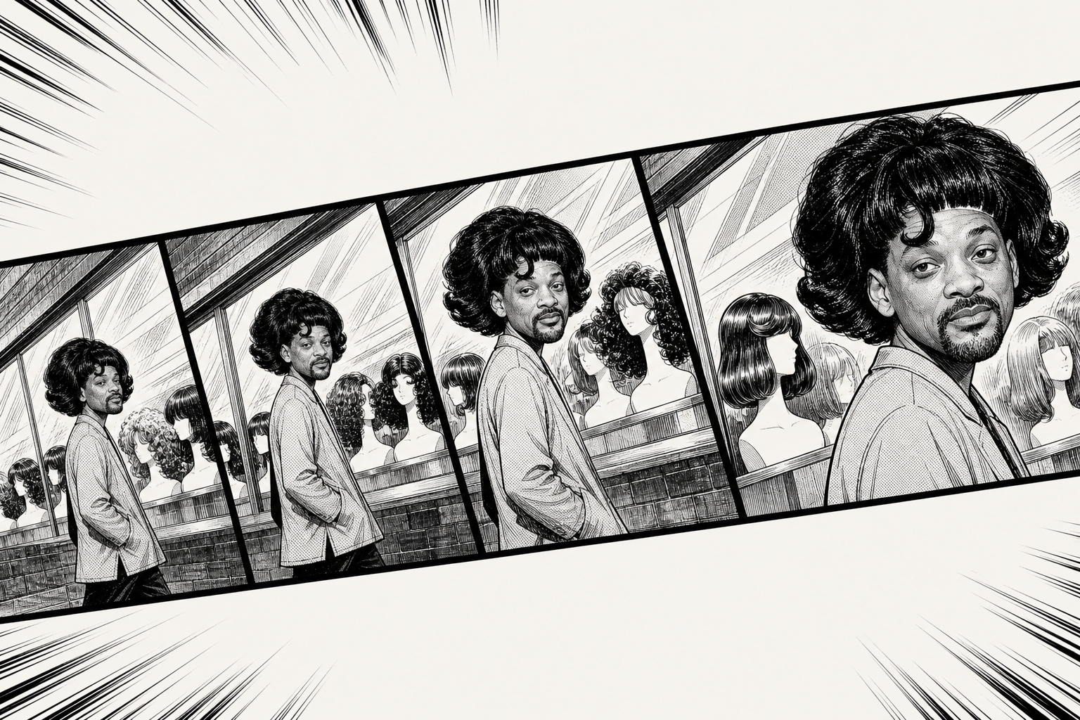 Wide manga strip of Wig Smith walking a wig-shop aisle, panels closing in on his face
