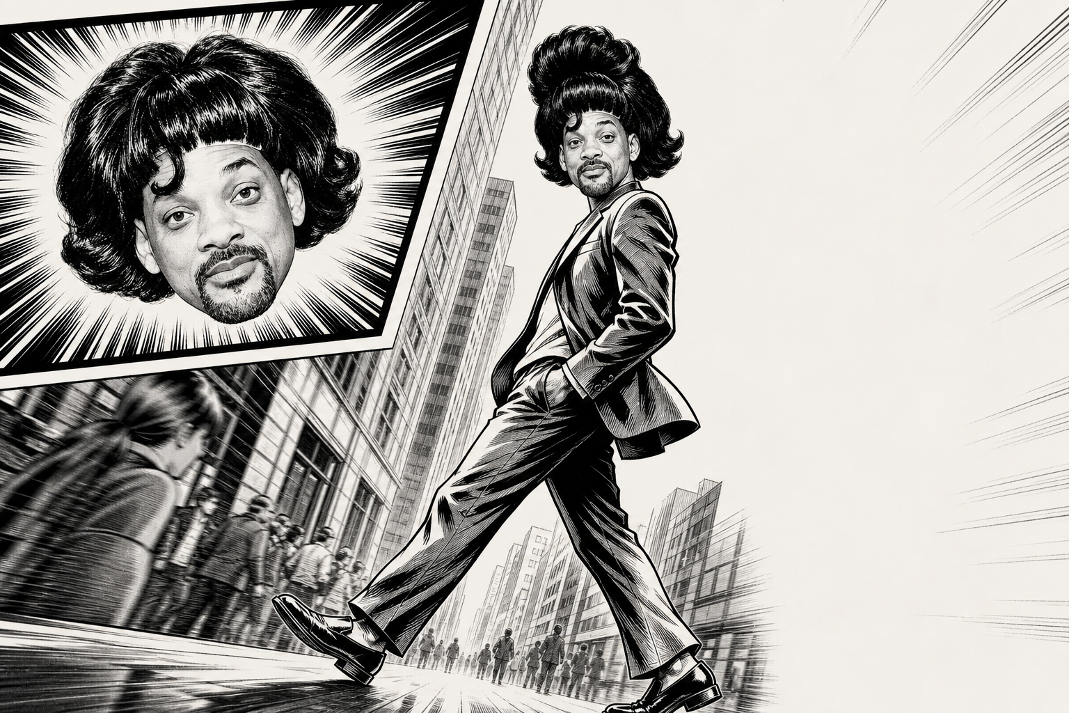 Wig Smith walking a city street mid-stride, an inset panel showing his head straight-on, speed lines radiating behind him